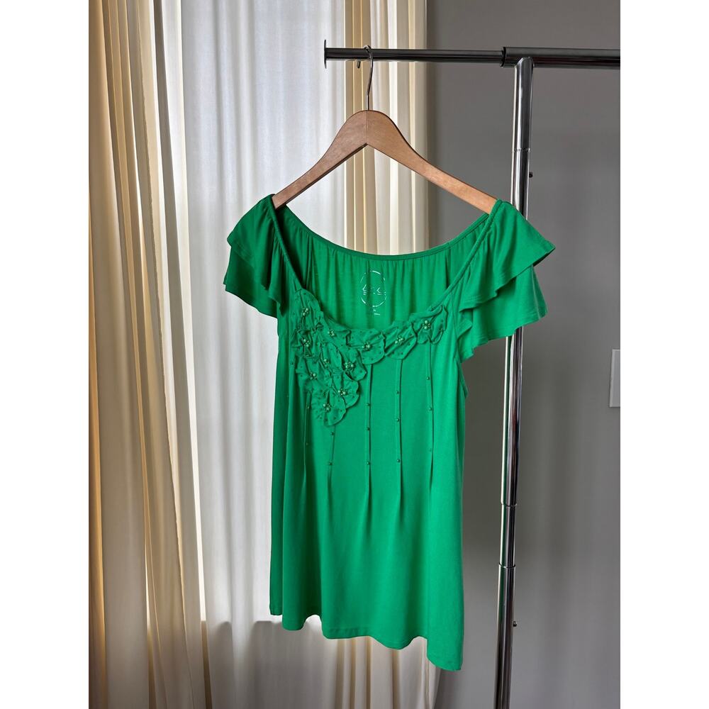 Vintage Y2K INC Flutter Sleeve Top Petite Medium Bright Green Soft Girl Fairy - Picture 2 of 16